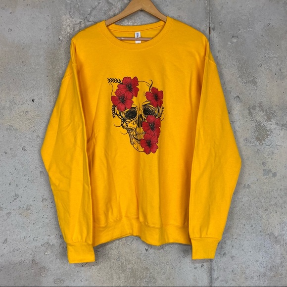 Jerzees Tops - Day of the dead skull floral marigold yellow crewneck sweatshirt medium